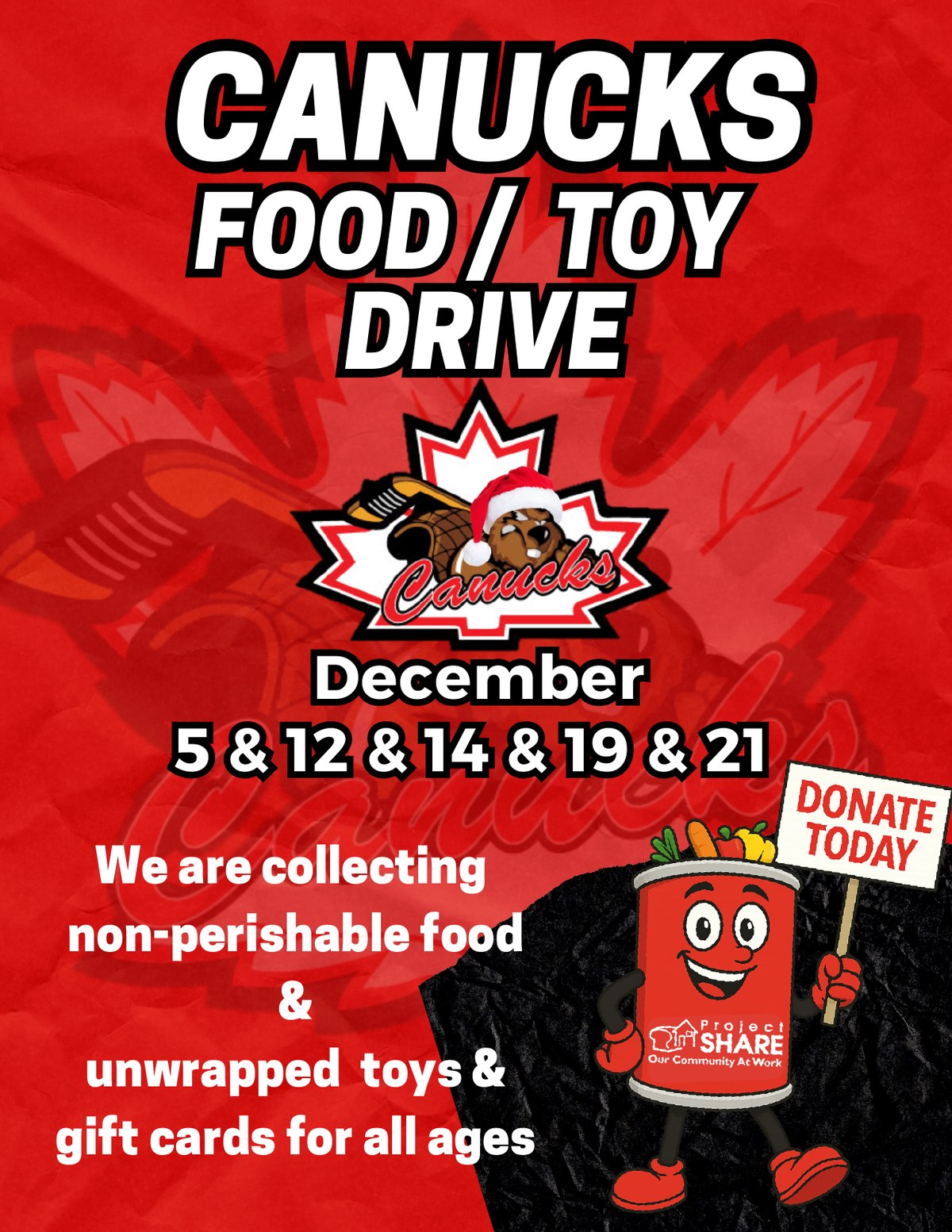 A Niagara Falls Canucks food and toy drive flyer for Project Share