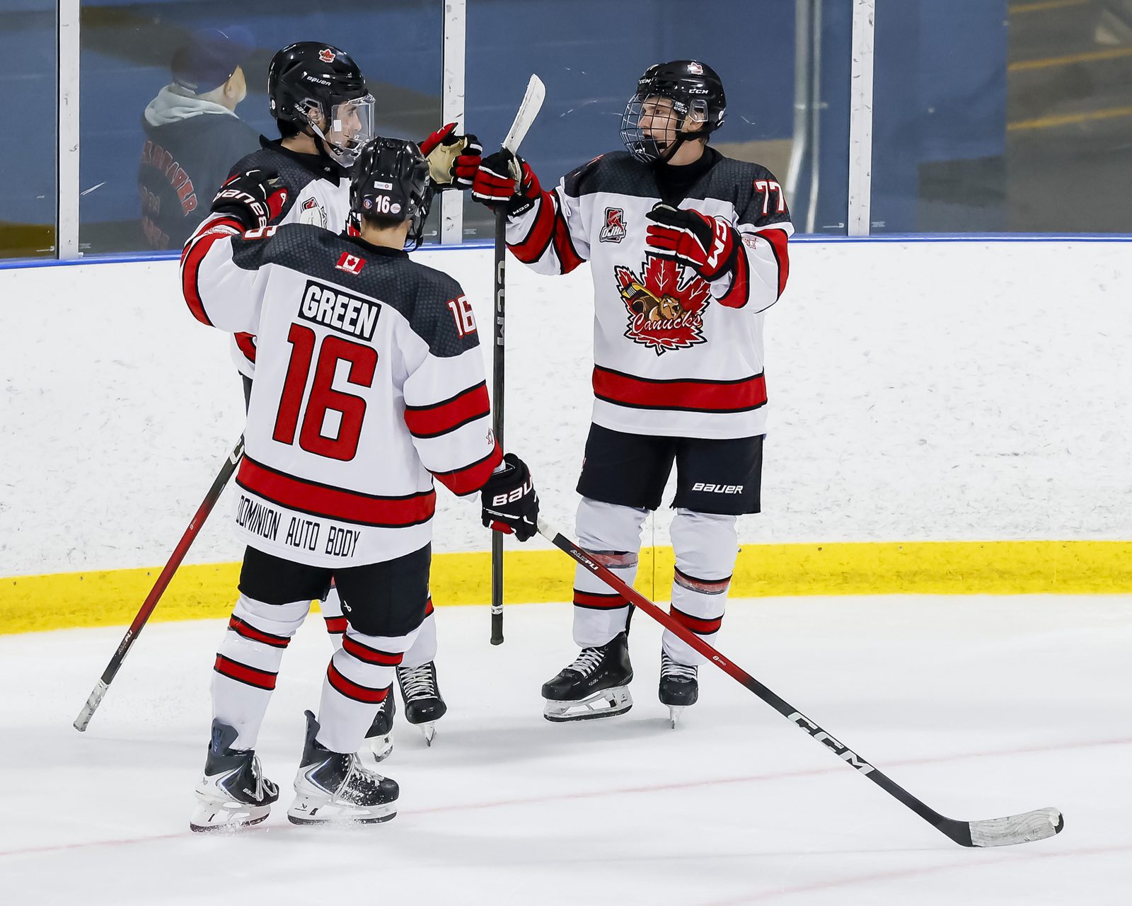 Niagara Falls Canucks players celebrate a goal during an Ontario Junior Hockey League game, October 19, 2025. (Photo by OJHL Images)