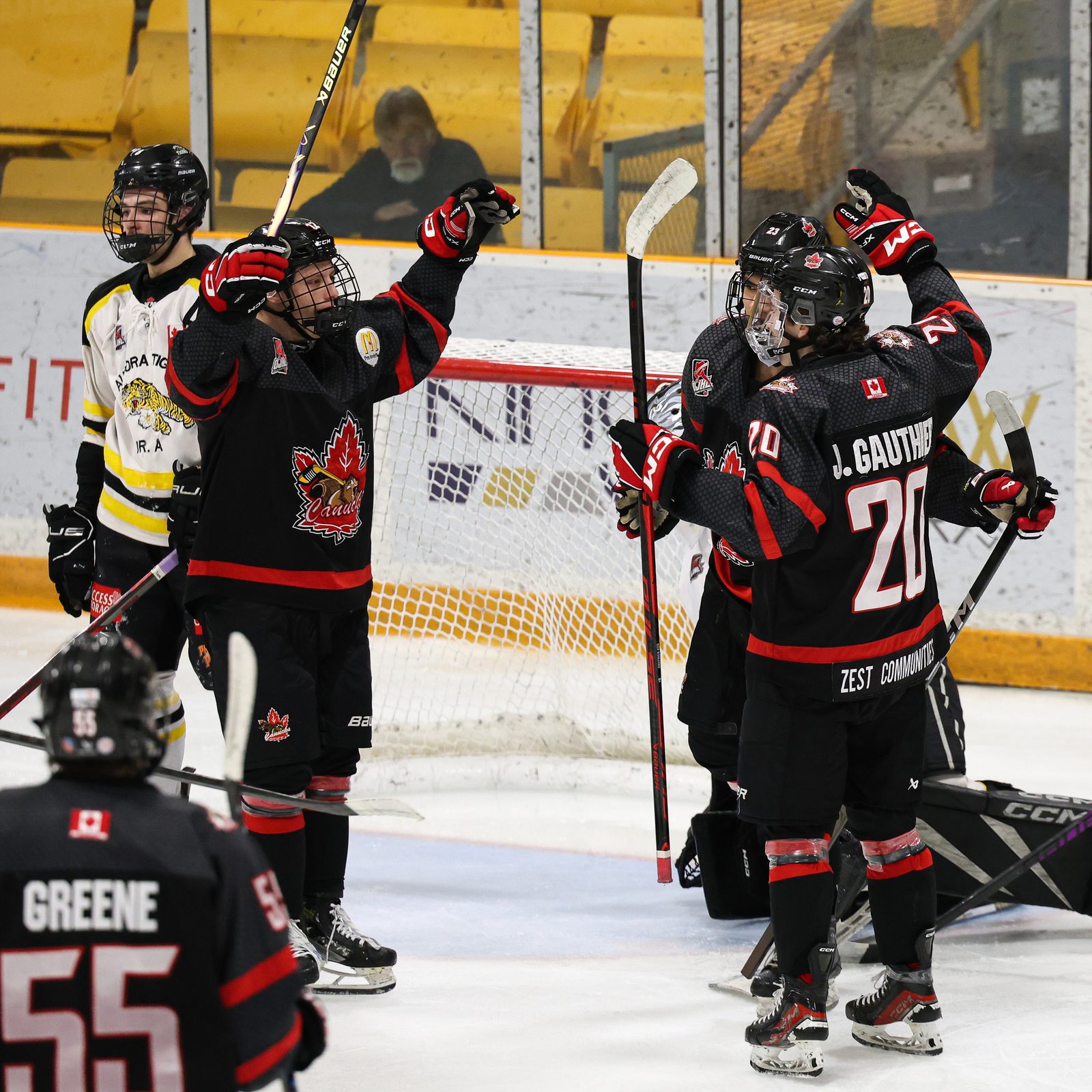 Niagara Falls Canucks players celebrate a goal against the Aurora Tigers, February 14, 2026. (Photo by OJHL Images)