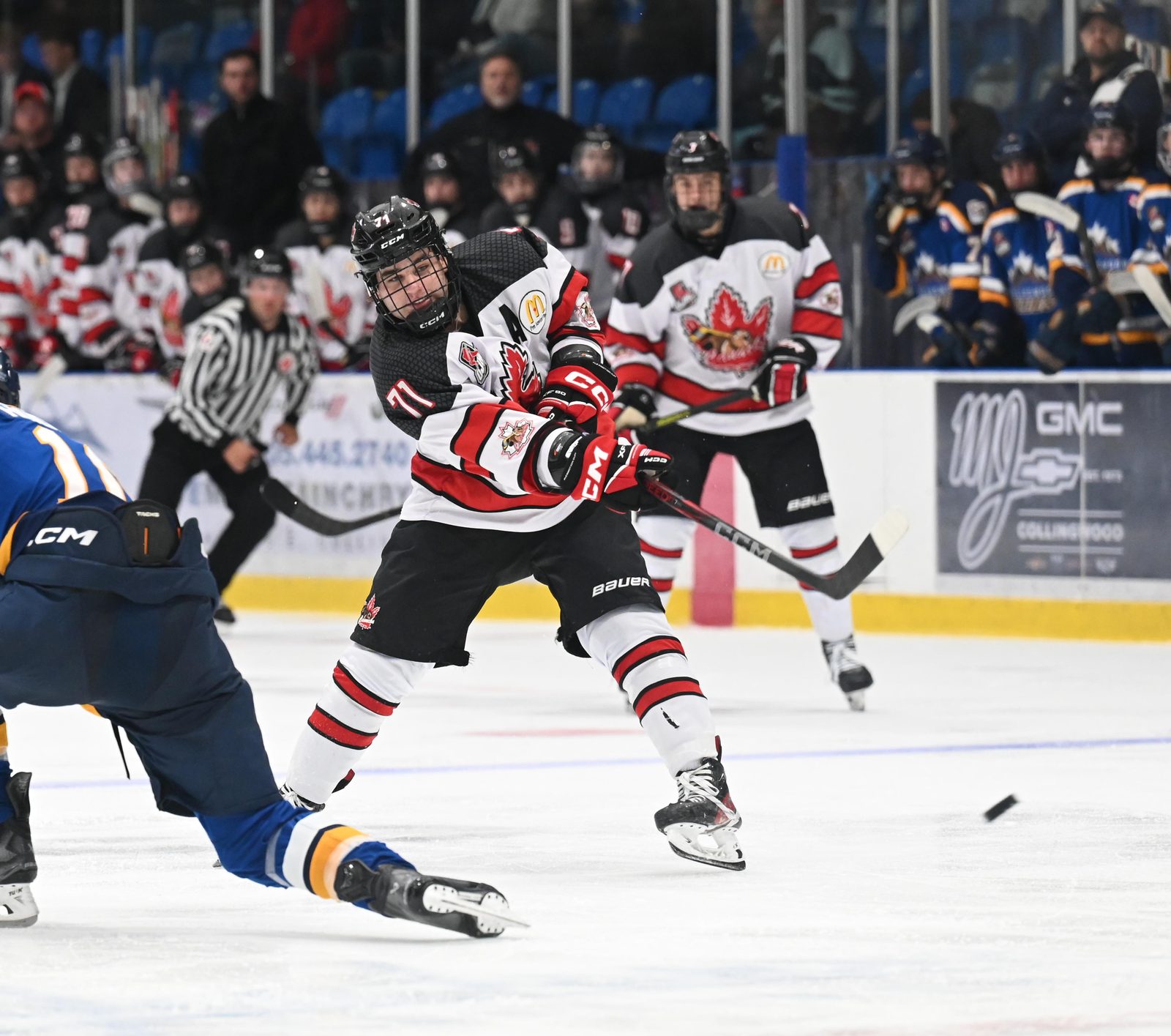 COLLINGWOOD, ON: RMC commit Ben Theron of the Niagara Falls Canucks shoots the puck during an Ontario Junior Hockey League game against the Collingwood Blues at the Eddie Bush Memorial Arena on Sept. 7. (Photo by Jamie Green / OJHL Images)